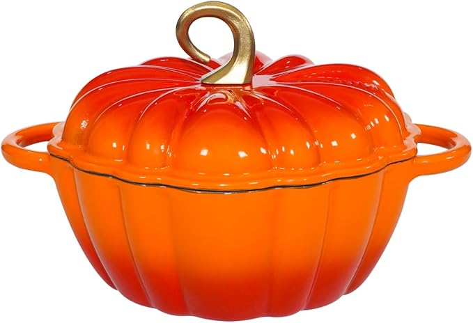 Pumpkin Enameled Cast Iron Dutch Oven with Lid, 4.5 QT Heavy Duty and Dual Handles Pot, Serves 3-5 and Oven Safe for Bread Baking, Braising, Cooking Soup and Family Gifts, Orange