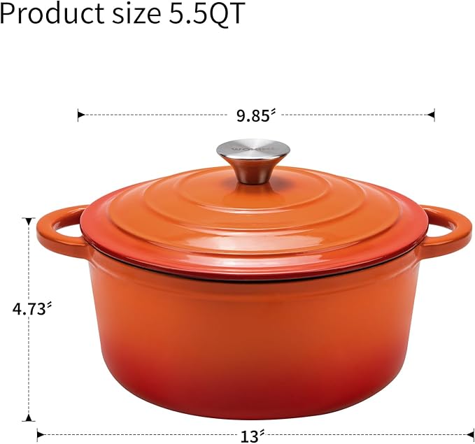 5.5QT Enameled Cast Iron Dutch Oven Pot with Lid,Heavy-Duty Cookware for Sourdough Bread Baking,Braising,Stews,Roasting,Oven Safe up to 500°F,orange