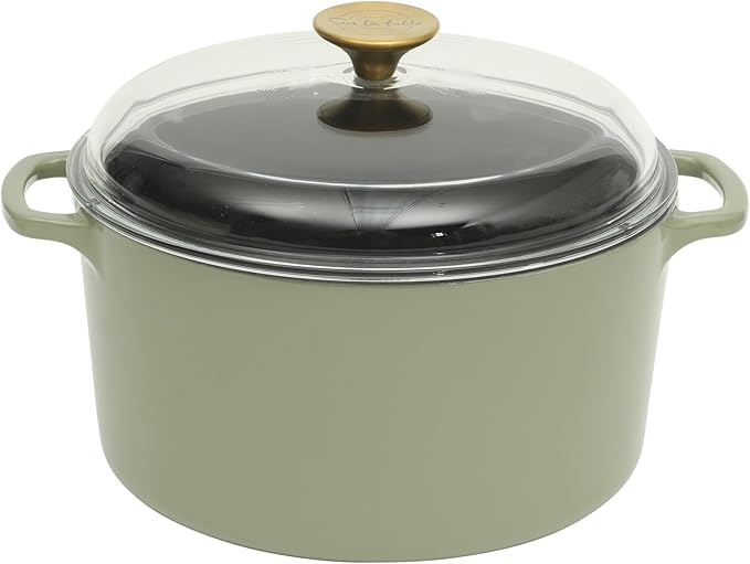 Sur La Table Kitchen Essential Supper Club 5-Quart Enamel-Coated Cast Iron Dutch Oven Pot with Oven Safe Glass Lid, Oven-to-Table Cookware for Bread, Soups, Stews & Braising - Juniper Green
