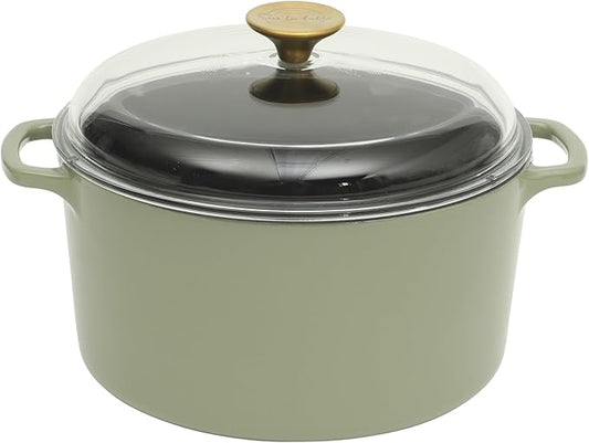 Sur La Table Kitchen Essential Supper Club 5-Quart Enamel-Coated Cast Iron Dutch Oven Pot with Oven Safe Glass Lid, Oven-to-Table Cookware for Bread, Soups, Stews & Braising - Juniper Green