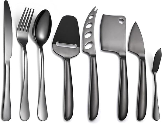 Black Cheese Knives Set with Dinning Knife Fork Spoon8 Pieces Stainless Steel Utensils Multifunctional Kitchen Gadget Baking Cooking Tool