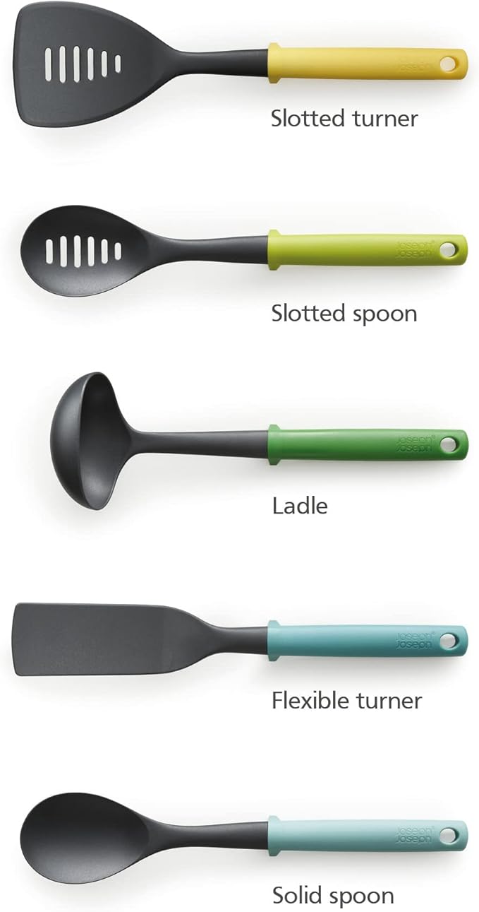 Joseph Joseph Duo 5-Piece Utensil Set with Integrated Tool Rests: Vibrant Set with Solid & Slotted Spoons, Turners, and Ladle, Hygienic Design, Heat-Resistant, Perfect for Hanging Storage