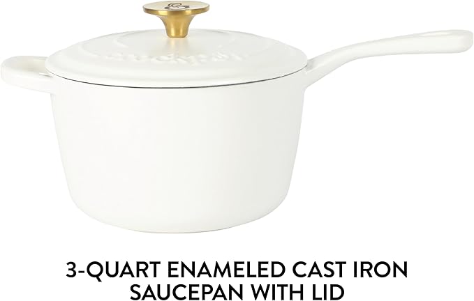 Crock-Pot 3-Quart European Enameled Cast Iron Saucepan with Lid – Matte Linen White, Durable Oven Safe Cookware