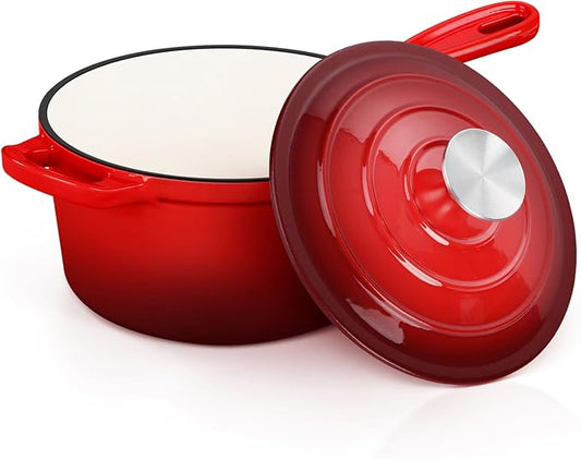 E-far Enameled Cast Iron Sauce Pan with Lid, 1 Quart Dutch Oven Saucepan, Mini Sauce Pot for Cooking, Boiling, Healthy & Non Toxic, Induction & Oven Safe, Red