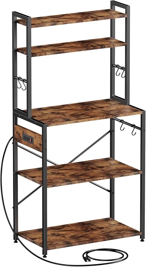 Luckyeestar Kitchen Baker’sRack Coffee Bar - Metal Storage Shelf for Microwave, Spice Organizer, Freestanding Kitchen Cart with Hooks,25 inch with Power Outlet