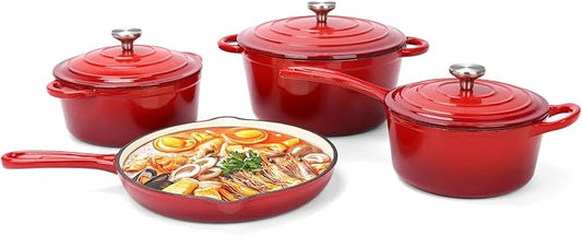 QuliMetal Nonstick Enameled Cast Iron Cookware Set, 7-Pcs Pots and Pans with Lid, Frying Pan Skillet, Sauce Pan, Healthy Round Dutch Oven Pot for Sourdough Bread Baking on All Stovetop, Rouge Red