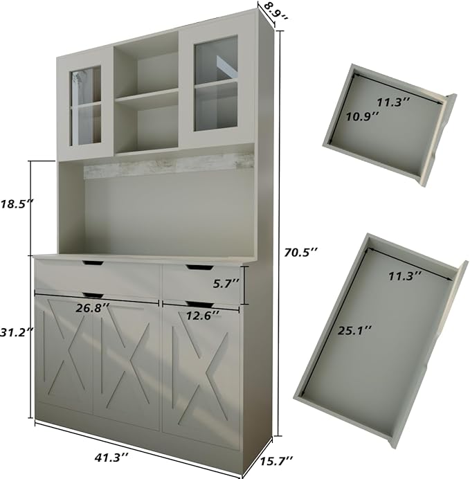 71" Tall Kitchen Pantry Storage Cabinet Large Farmhouse Hutch Cabinet with Microwave Stand, Charging Station, Adjustable Shelves, Countertop for Dining Room, Living Room, Grey