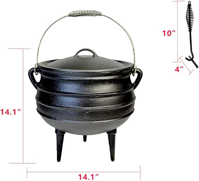 12 Quart Cast Iron Dutch Oven Cauldron Pot - Camping Cookware with Lid - Pre-Seasoned Heavy-Duty Potjie for Stews, Soups, Braising, and Frying Over Fire Pit Grill or Camp Stove