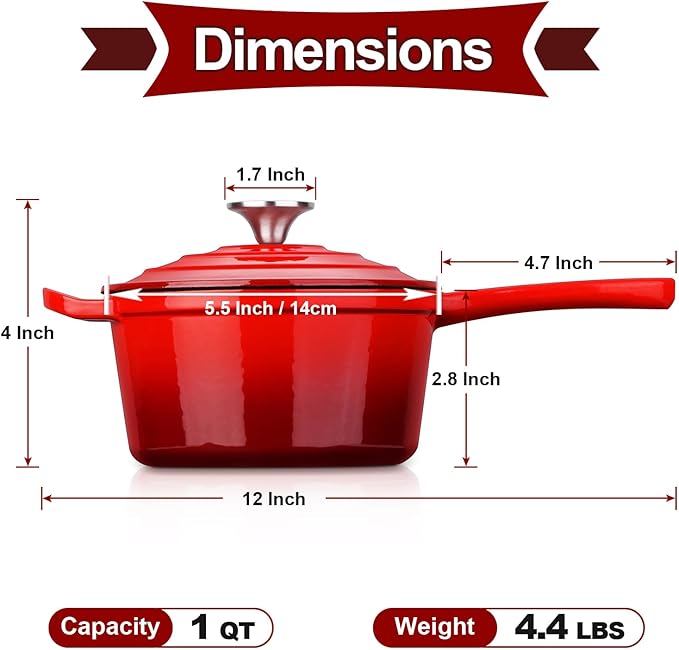 HaSteeL 1 QT Cast Iron Saucepan, Mini Enamel dutch oven with lid, Small Non Stick Pan for Milk, Pasta Tomato Sauce, Butter, Breakfast, Soup, Suitable for Boiling Stewing Frying, Easy to Clean, Red