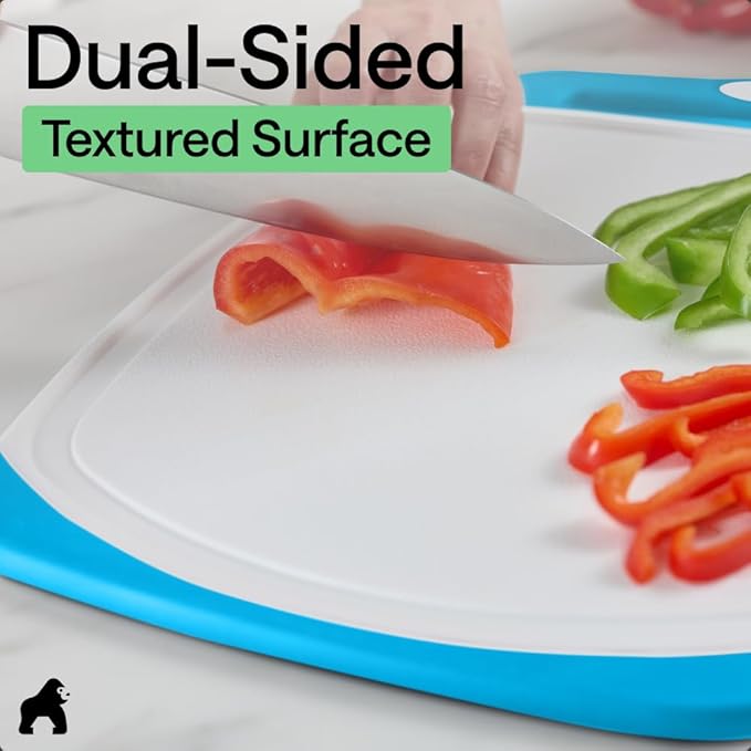 GORILLA GRIP BPA-Free Reversible Kitchen Cutting Board Set of 3, US Designed, Nonporous, Juice Grooves Catch Liquid, Slip Resistant Border, Dishwasher Safe, Durable Large Food Chopping Boards, Aqua