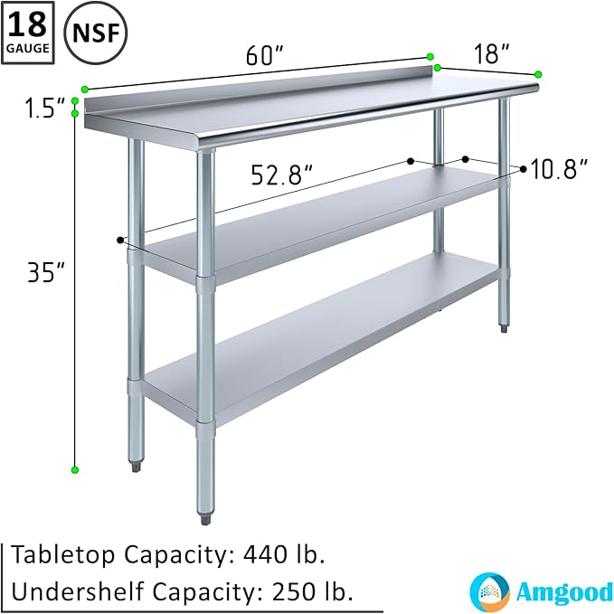 AmGood Stainless Steel Work Table with 1.5" Backsplash and 2 Shelves | Metal Kitchen Food Prep Table | NSF (60" Long x 18" Deep)