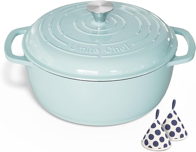 Umite Chef 6QT Enameled Cast Iron Dutch Oven with Lid, Versatile Heavy-Duty Cookware Pot for Baking Bread, Braising, Soups & Stews, Oven & Stovetop Safe with Heat Resistant Gloves（Blue）