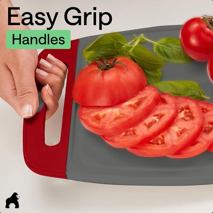 GORILLA GRIP BPA-Free Reversible Kitchen Cutting Board Set of 3, US Designed, Nonporous, Juice Grooves Catch Liquid, Slip Resistant Border, Dishwasher Safe, Durable Large Food Chopping Boards,Gray Red