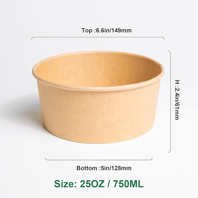 88 Pk 25 oz Disposable Kraft Paper Round Bowls【No Lid】, Microwave Deli Containers Leakproof, Salad Dressing Container for Lunch, Sturdy for Soup Toppings Snack Camping Family