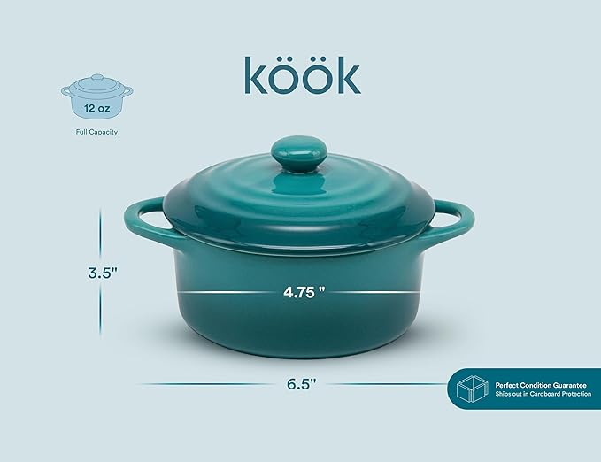 Kook Ceramic Mini Cocotte Set, Small Casserole Dishes with Lids and Handles, Individual Baking Ramekins, Oven safe 500F, Microwave & Dishwasher Safe, Stoneware, 12 oz, Set of 4, (Aqua Ombre)