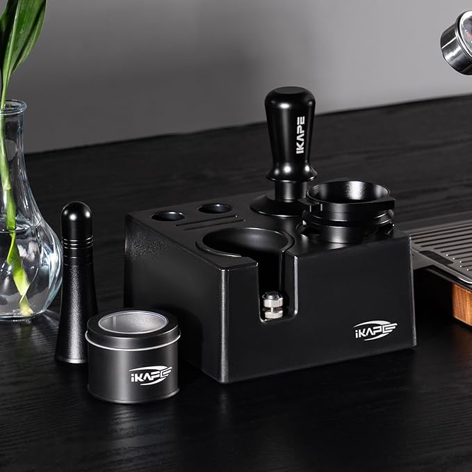 IKAPE 54mm Espresso Tamper Kit 4 in 1 Black, Complete Portafilter accessory set, 53mm Coffee Tamper, WDT Tool, Paper Filters (200pc), Dosing Funnel for Breville Portafilters