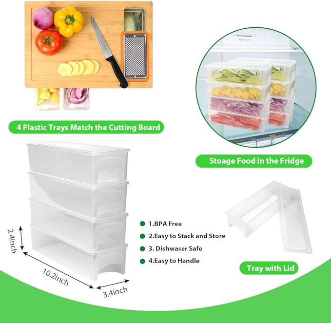 Bamboo Cutting Board with Containers, Lids, and Graters, Large Wood Cutting Board with Containers, Food Dropping Zone, Carving Board with Easy-grip Handle, Juice Groove