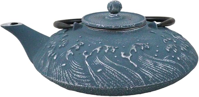 Ebros Gift Traditional Oriental Tetsubin Cast Iron Teapot With Enameled Interior 27oz Asian Japanese Chinese Fusion Housewarming Tea Pot Accent (Royal Blue Ocean Sea Waves)