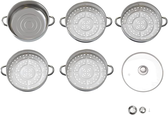 5-Layer Stainless Steel Steamer, 30CM Commercial Food-Grade Steamer Cookware Steaming Pot Tool w/Glass Lid Foods Steamers for Induction Cookers, Electric Ceramic Stoves, Gas Stoves (Silver, 30CM)