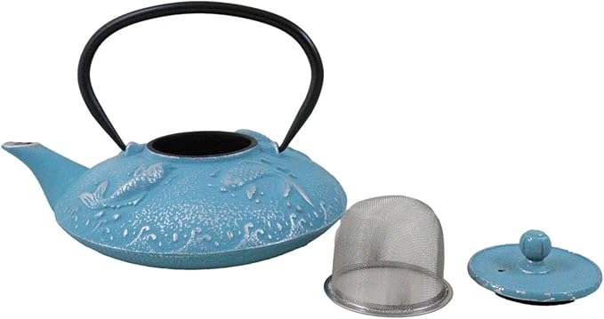 Ebros Gift Traditional Oriental Tetsubin Cast Iron Teapot With Enameled Interior 27oz Asian Japanese Chinese Fusion Housewarming Tea Pot Accent (Turquoise Blue Auspicious Koi Fishes)