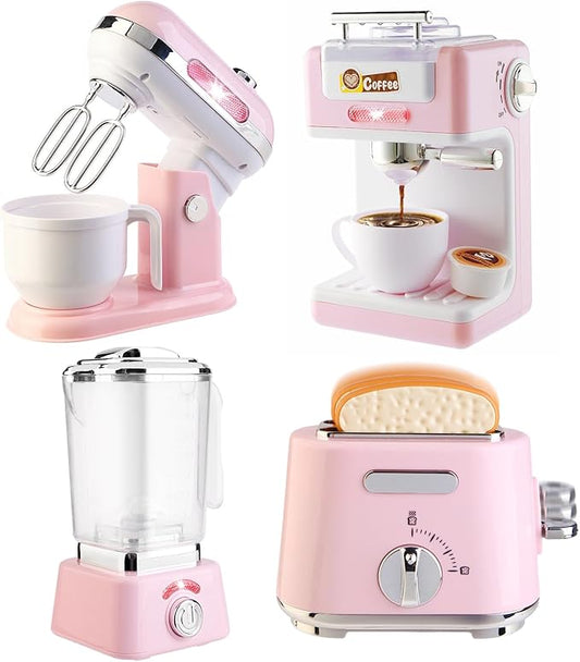 Play Kitchen Accessories, Pretend Play Kitchen Appliances Toy Set with Coffee Maker Machine, Toaster, Mixer, Blender with Realistic Lights & Sounds, Birthday Gifts for Girls Age 3-5 4-8 6-8