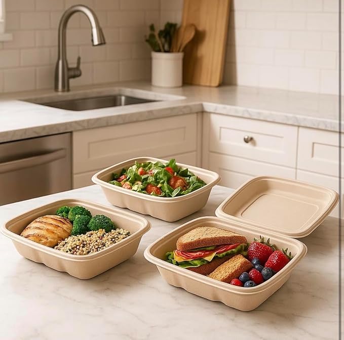 100 Pack 750ml Compostable Food Containers with Lids | Leak-Proof | Microwave & Freezer Safe | Eco-Friendly Meal Prep & Takeout Boxes (200)