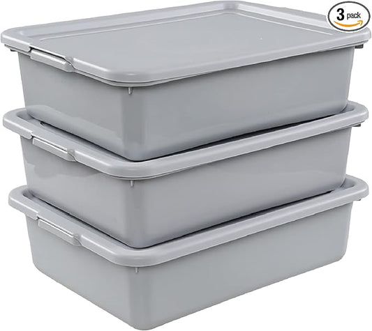 Wekioger 3 Pack Bus Tubs Commercial, 13 L Meat Tubs with Lids, Silver Grey