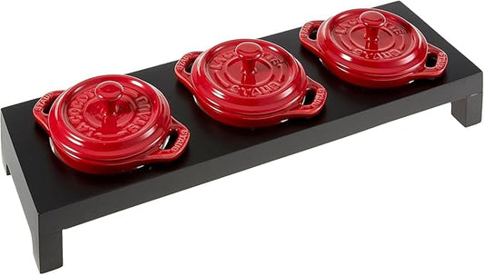 Staub Ceramic 3-pc Mini Round Cocotte Set with Stand - Cherry