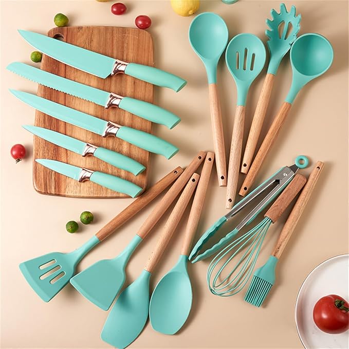 19 Pieces Kitchen Utensils and Knife Set with Block, Inldued 9 Pieces Silicone Cooking Utensils Set 5 Pieces Sharp Stainless Steel Chef Knives Scissors Whisk Tongs and Cutting Board (TEAL)