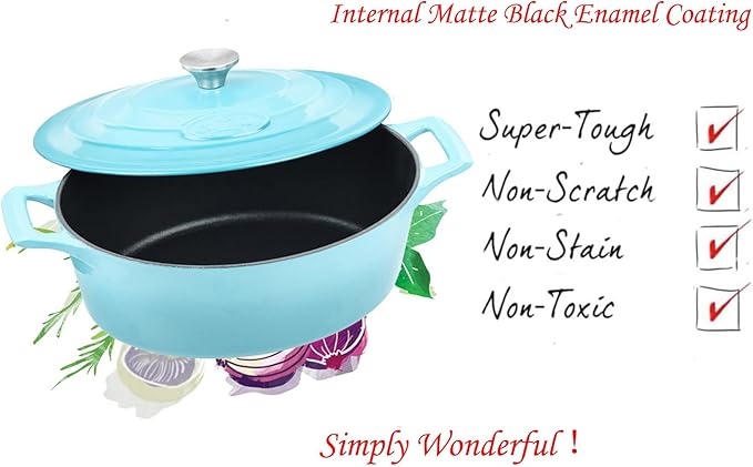 La Cuisine Enameled Cast Iron Oval Dutch Oven Casserole Pot with Lid, 6.75 QT Internal Matte Black Enamel for bread baking, 2-ton Teal Enamel Coating Finish Exterior, Oven Safe up to 480° F