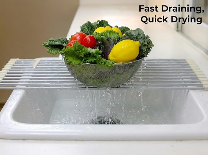 Aluminum Roll Up Dish Drying Rack Over Sink - Supports up to 55 lbs | Heavy Duty Square Bar | Rust-Free Anodized & Heat Resistant Cooling Rack with Removable Dish Holder (Beige, Medium)