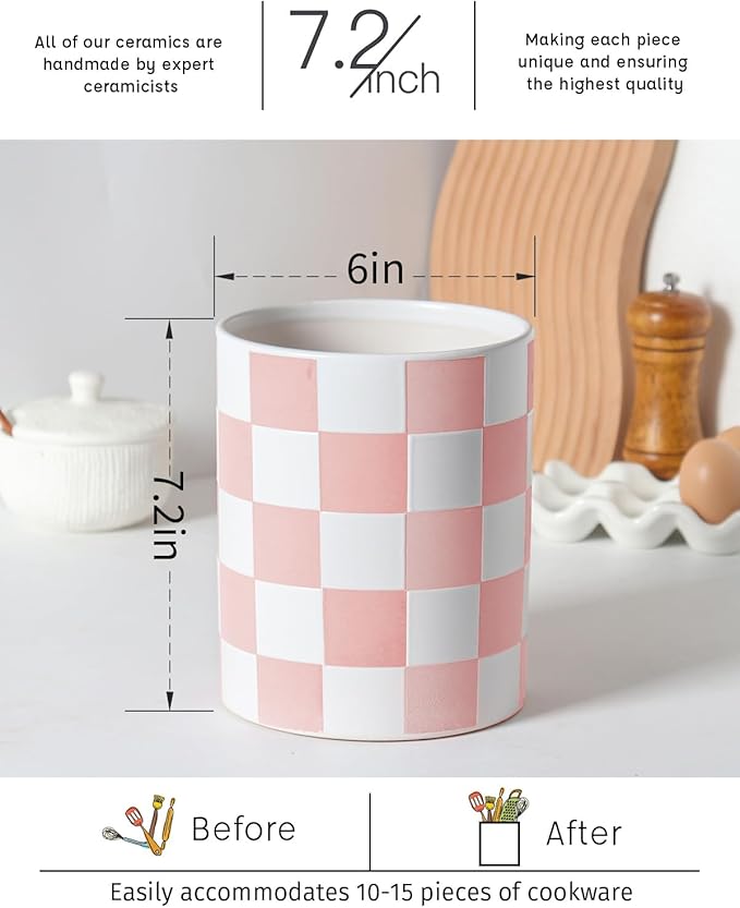 Utensil Holder，7.2 Inch Checkered Utensil Holder, Ceramic Cooking Utensil Spoon/Spatula Holder for Countertop, Kitchen Decor and Accessories for counte(Purple)