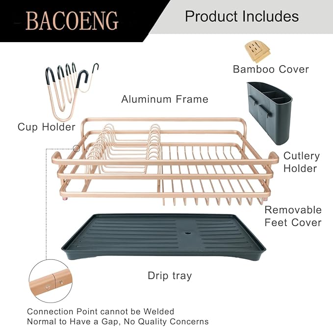 BACOENG Aluminum Dish Drying Rack,Never Rust Dish Rack with Removable Cutlery Holder & Cup Holder, 360° Swivel Spout Drain Board,Gold