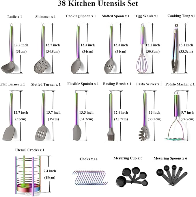 38 Piece Silicone kitchen Cooking Utensils Set with Utensil Crocks, Silicone Head and Stainless Steel Handle Cookware, Kitchen Tools for Utensil Set, Non-Stick kitchen Gadgets,Dishwasher Safe(Rainbow)