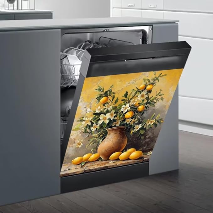 Lemon Floral Vase Dishwasher Magnet Cover, Rustic Flowers Refrigerator Magnetic Vinyl Sticker for Dishwasher Door, Decorative Kitchen Appliance Panel Decal, 23Wx26H Inches