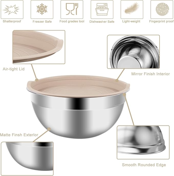 Mixing Bowls Set, 25PCS Khaki Mixing Bowls With Lids Set Stainless Steel Kitchen Large Nesting Metal Bowl 7QT to 1.5QT, Measuring Cups and Spoons for Prepping Cooking Serving