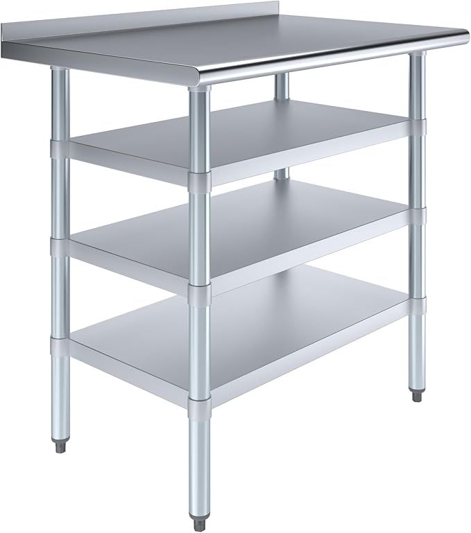 AmGood Stainless Steel Work Table with 1.5" Backsplash and 3 Shelves | Metal Kitchen Food Prep Table | NSF (36" Long x 24" Deep)