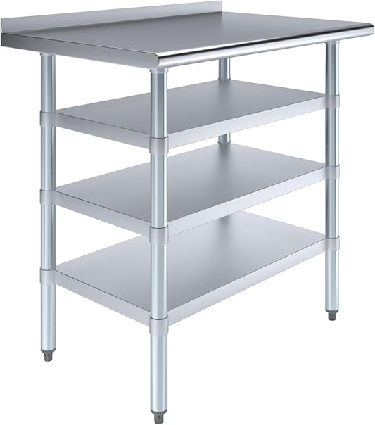 AmGood Stainless Steel Work Table with 1.5" Backsplash and 3 Shelves | Metal Kitchen Food Prep Table | NSF (36" Long x 24" Deep)