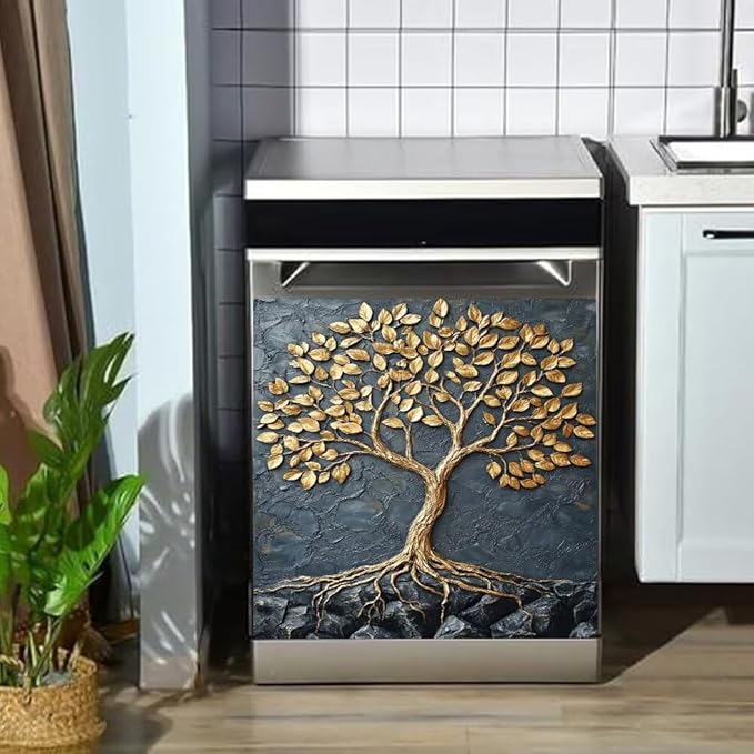Tree of Life Dishwasher Magnet Cover, Farm Tree Refrigerator Magnetic Vinyl Sticker for Dishwasher Door, Gold and Black Decorative Kitchen Appliance Panel Decal, 23Wx26H Inches