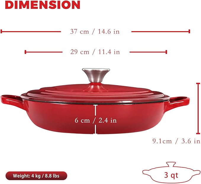 Braiser Enameled Cast Iron Braiser 3 qt Braiser Pan with Lid Red Shallow Cast Iron Casserole Braiser Pan with Handels