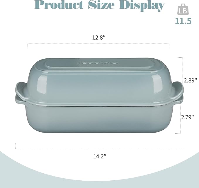 Enameled Cast Iron Loaf Pan with Lid, Bread pan, Dutch Oven Bread pan for Homemade Sourdough Bread Baking, 12.5x5.5 inch, 5qt, Seasalt