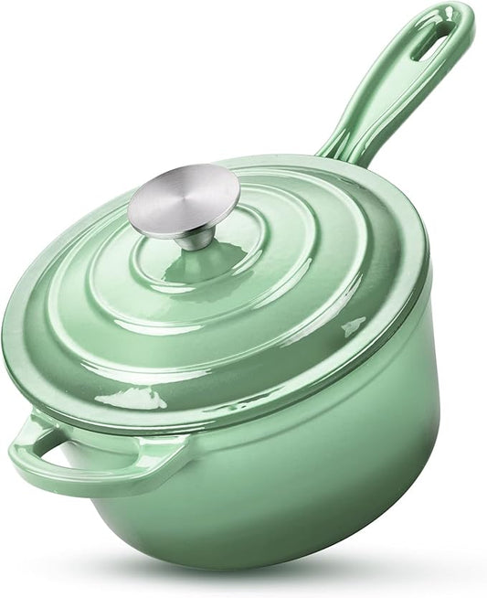 HaSteeL 2 QT Cast Iron Saucepan, Mini Enamel dutch oven with lid, Small Non Stick Pan for Milk, Pasta Tomato Sauce, Butter, Breakfast, Soup, Suitable for Boiling Stewing Frying, Easy to Clean, Green