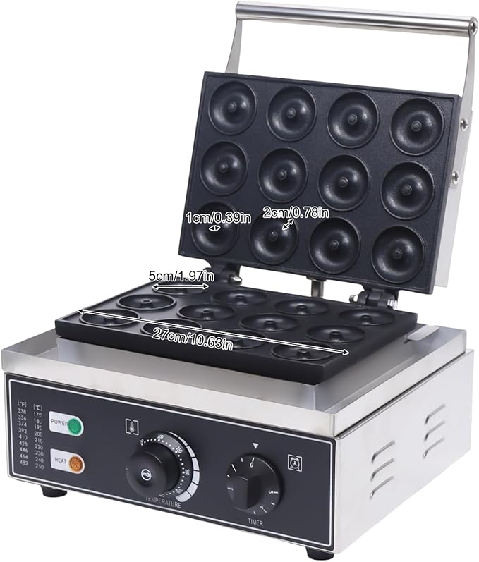 Donut Maker, Commercial Large Capacity Nonstick Electric Mini Doughnut Donut Machine, 1550w 12 Hole Professional Double-Sided Baking Waffle Donut Machine for Parties Cafes Tea Stores etc