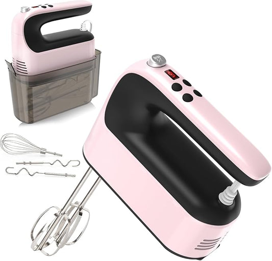 9-Speed Digital Hand Mixer Electric, 400W Powerful DC Motor, Hand Mixer Electric Handheld with Snap-On Storage Case, 5 Stainless Steel Accessories, Beaters, Dough Hooks, Whisk(Pink/Black)