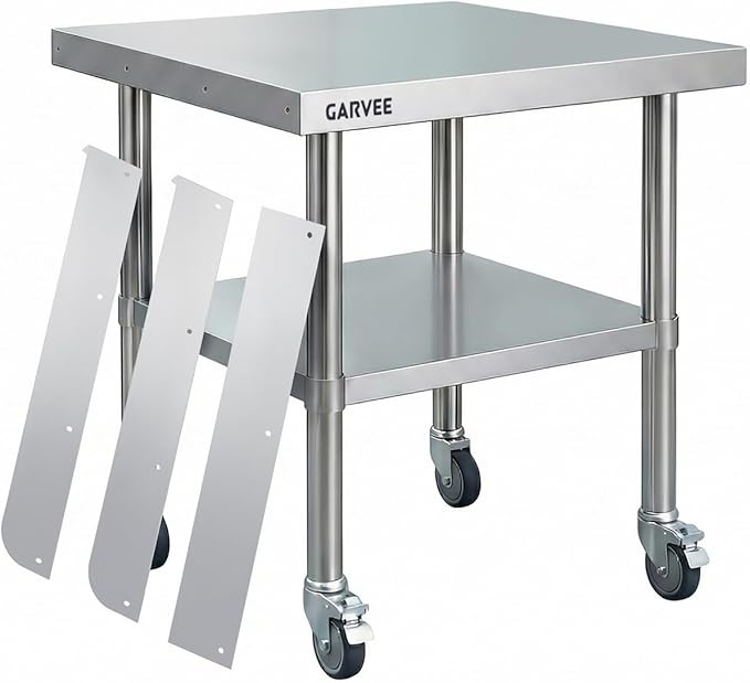 Garvee Stainless Steel Work Table, 30x30x26 Inch Commercial Food Prep Worktable with Wheels, Detachable 3-Sided Backsplash & Height-Adjustable Shelf, Heavy Duty Workbench for Kitchen Restaurant Garage