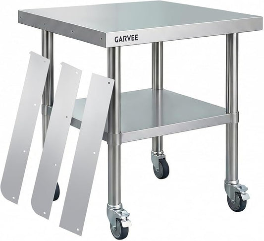 Garvee Stainless Steel Work Table, 30x30x26 Inch Commercial Food Prep Worktable with Wheels, Detachable 3-Sided Backsplash & Height-Adjustable Shelf, Heavy Duty Workbench for Kitchen Restaurant Garage