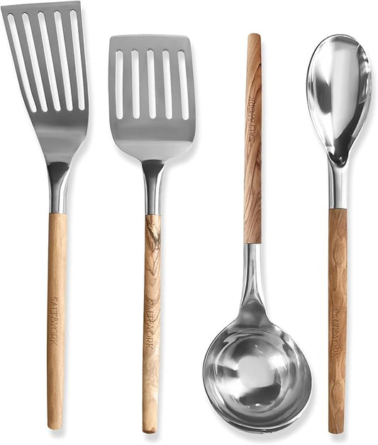 Premium Cooking Utensil Set – Salt & York 4-Piece Olive Wood and Stainless Steel Non-toxic Kitchen Tools with Handcrafted Wooden Handles – Spatula, Ladle, Spoon – Gift for Home Cooks, Kitchen Gift