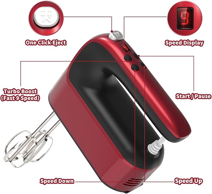 9-Speed Digital Hand Mixer Electric, 400W Powerful DC Motor, Hand Mixer Electric Handheld with Snap-On Storage Case, 5 Stainless Steel Accessories, Beaters, Dough Hooks, Whisk(Red)