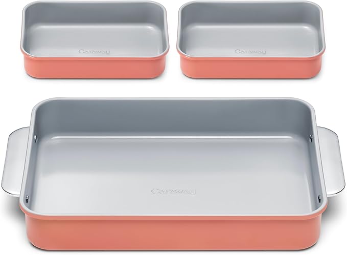 Caraway Nonstick Rectangle Baking Pan Set – 2x 9" x 6.5" & 1x 9" x 13" - Non-Toxic, PTFE & PFOA Free – Aluminized Steel Core – Deep Ceramic Baking Pan for Casseroles, Lasagna & More - Perracotta