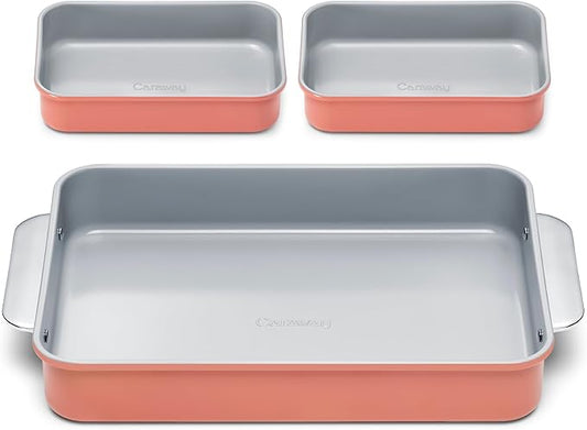 Caraway Nonstick Rectangle Baking Pan Set – 2x 9" x 6.5" & 1x 9" x 13" - Non-Toxic, PTFE & PFOA Free – Aluminized Steel Core – Deep Ceramic Baking Pan for Casseroles, Lasagna & More - Perracotta